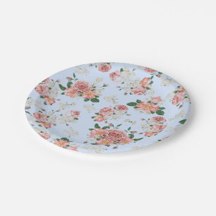Plato De Papel Rosa y crema en floral azul vintage   