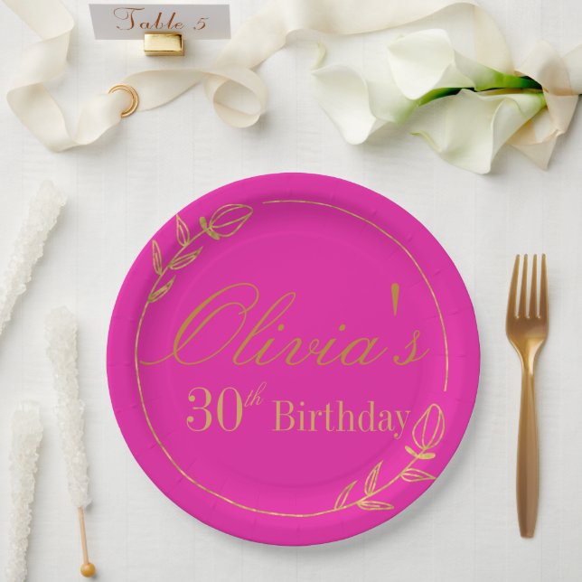 Plato De Papel Rosa y Dorado Personalizados (Boda)