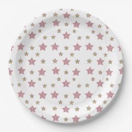 Plato De Papel Rosa y estrella del purpurina del oro 9" placa de
