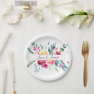 Plato De Papel Rosa y fucsia floral acuarela personalizada Boda