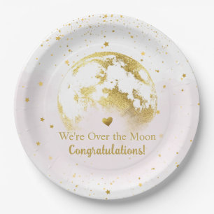 Plato De Papel Rosa y oro sobre el Baby Shower lunar