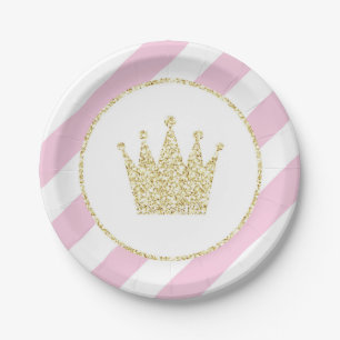 Plato De Papel Rosa y princesa Crown Party Plates del oro