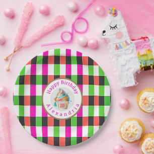 Plato De Papel Rosa y verde divertido Magdalena