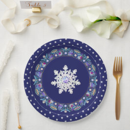 Plato De Papel Rosada azul y copo de nieve
