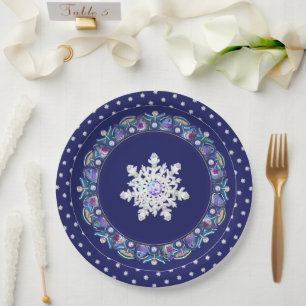 Plato De Papel Rosada azul y copo de nieve