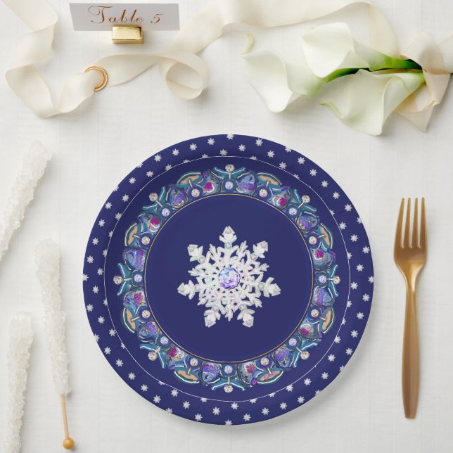 Plato De Papel Rosada azul y copo de nieve (Boda)