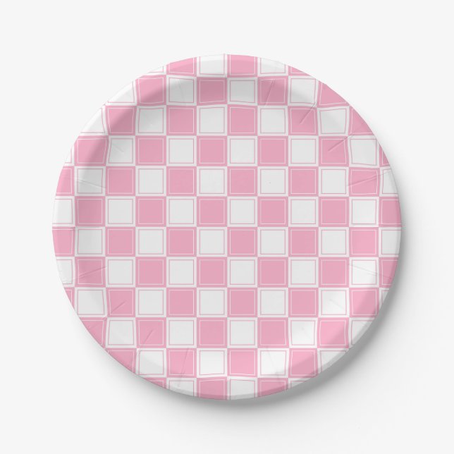 Plato De Papel Rosado a cuadros alineada y blanco (Anverso)