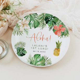 Plato De Papel Rosado Tropical LALANI Hibiscus Luau Primer cumple