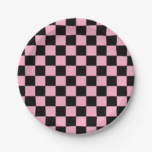 Plato De Papel Rosado y negro a cuadros