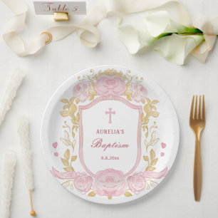 Plato De Papel Rosas acuarelas bautismo Escudo