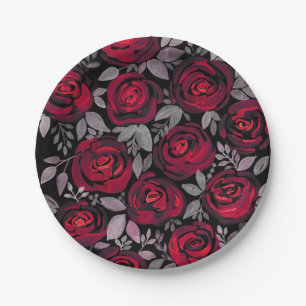 Plato De Papel Rosas acuarelas, rosas rojas sobre negro