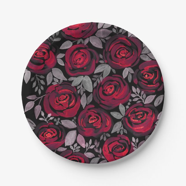 Plato De Papel Rosas acuarelas, rosas rojas sobre negro (Anverso)