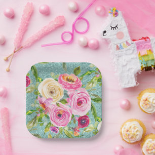 Plato De Papel Rosas acuáticos en el Purpurina de Aqua rosa y Cre