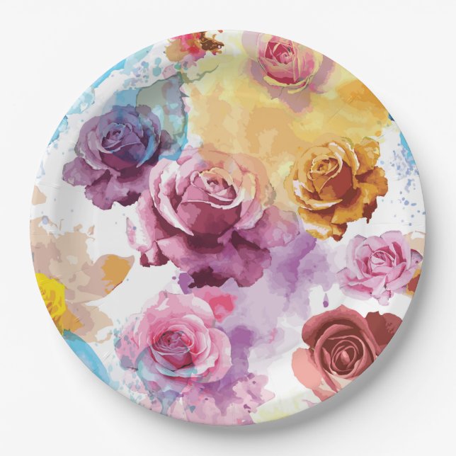 Plato De Papel Rosas al acuarela (Anverso)
