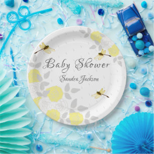 Plato De Papel Rosas amarillos y grises toman papel Baby Shower