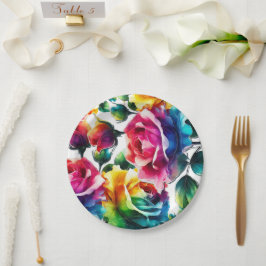 Plato De Papel Rosas Arcoíris Negras y Blancas Boda Floral Vibran