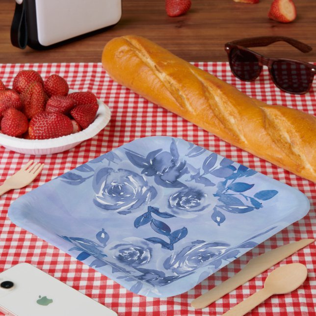 Plato De Papel Rosas azul acuarela (Picnic)