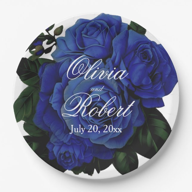 Plato De Papel Rosas azul profundo elegante boda (Anverso)