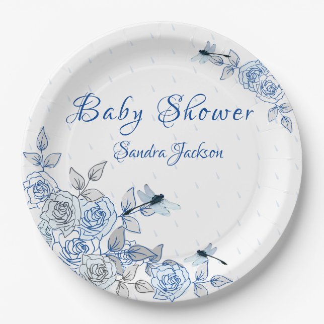 Plato De Papel Rosas azules Dragonfly Boy Baby Shower (Anverso)