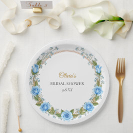 Plato De Papel Rosas Azules Elegantes y Aliento de Bebé