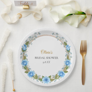 Plato De Papel Rosas Azules Elegantes y Aliento de Bebé