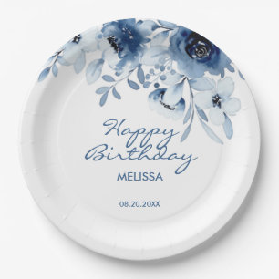 Plato De Papel Rosas azules modernos vegetación floral Cumpleaños