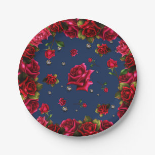 Plato De Papel Rosas Azules Rojas y Brillo de Diamantes Fiesta El