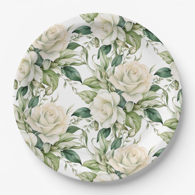 Plato De Papel Rosas Blancas (Anverso)