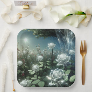 Plato De Papel Rosas Blancas En El Jardín Mágico