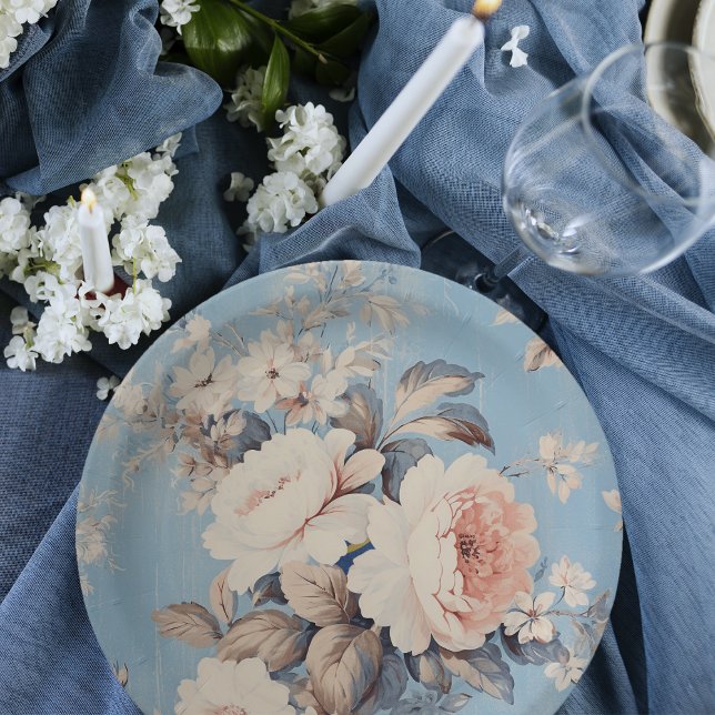 Plato De Papel Rosas blancas en fondo azul ruso (Subido por el creador)