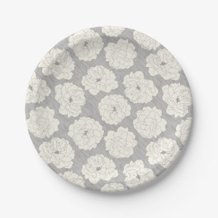 Plato De Papel Rosas blancas en gris claro - patrón sin fisuras.
