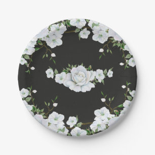 Plato De Papel Rosas Blancas Floral y Grises Carbón para la Ducha
