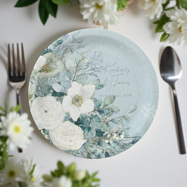 Plato De Papel Rosas Blancas Hellebores Eucalipto Plateado Boda