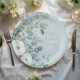 Plato De Papel Rosas Blancas Hellebores Eucalipto Plateado Boda