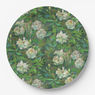 Plato De Papel "Rosas blancas, hojas verdes", flores hermosas