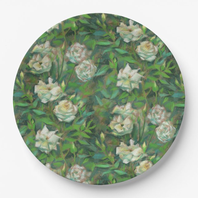 Plato De Papel "Rosas blancas, hojas verdes", flores hermosas (Anverso)