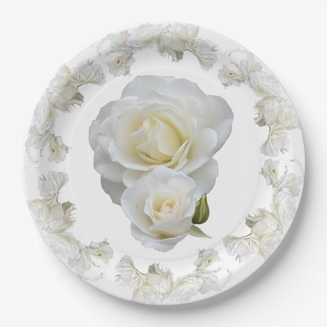 Plato De Papel Rosas blancas orgánicas, (Anverso)
