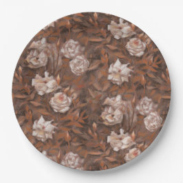Plato De Papel Rosas blancas, sepia, patrón floral retro vintage