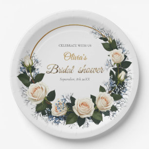 Plato De Papel Rosas Blancas y Aliento de Bebé Azul Celebran
