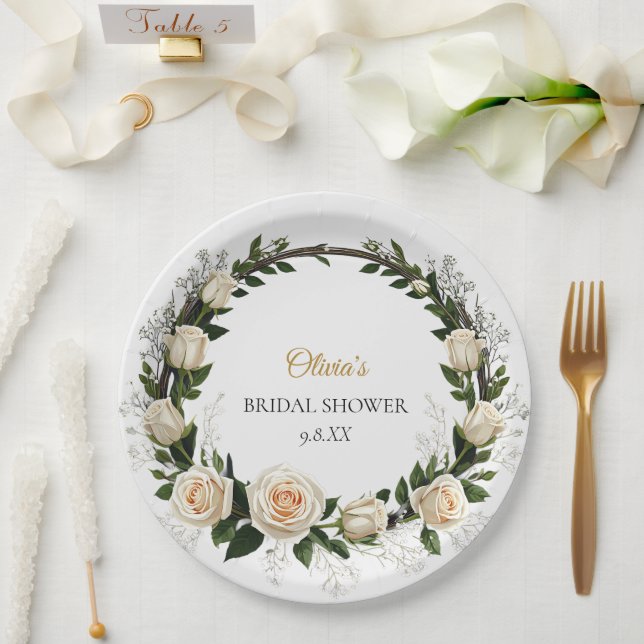 Plato De Papel Rosas blancas y detalles de aliento de bebé (Boda)