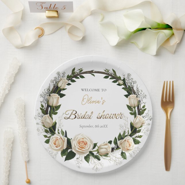 Plato De Papel Rosas Blancas y Favor de Aliento de Bebé (Boda)