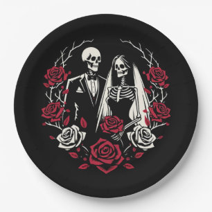 Plato De Papel Rosas Blancas y Rojas Negras Esqueleto Pareja Boda