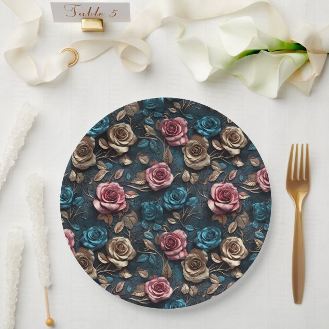 Plato De Papel Rosas Blue de oro rosado de bonito (Boda)