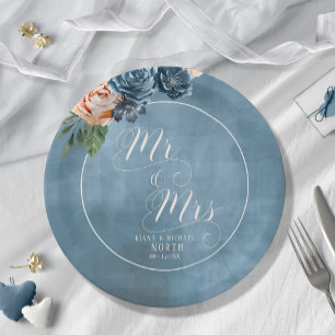 Plato De Papel Rosas Boda Blue/Peach Sr. y Sra. ID584
