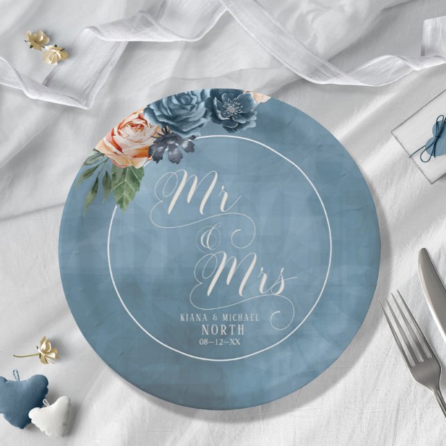 Plato De Papel Rosas Boda Blue/Peach Sr. y Sra. ID584 (Subido por el creador)