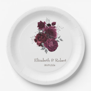 Plato De Papel Rosas Borgoña