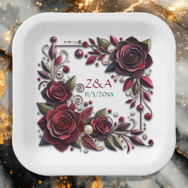 Plato De Papel Rosas Burgundy Bonitas Monograma Floral