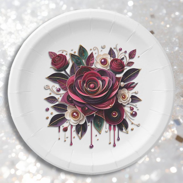 Plato De Papel Rosas Burgundy Florales Lindas (Subido por el creador)