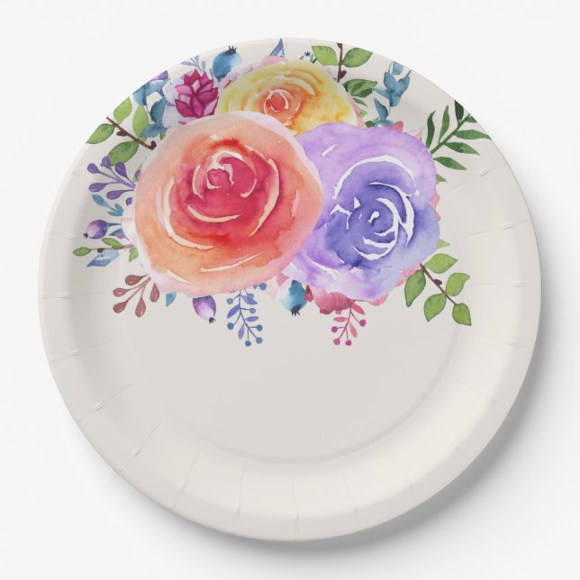 Plato De Papel Rosas coloridos acuarela floral (Anverso)