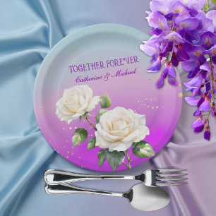 Plato De Papel Rosas con efecto ombre de acuarela azul púrpura pa